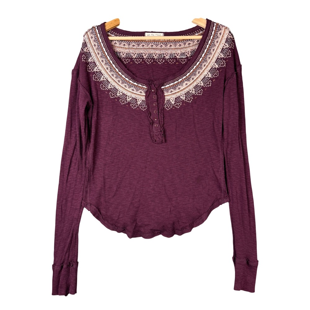 We The Free Snow Angel Waffle Knit Henley Top Wine Purple Embroidered Medium